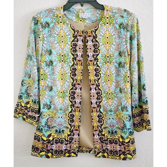 TOP-JACKET-JOAN RIVERS-Blue Yellow Green-3/4 Length Sleeves-Size X-SMALL - Picture 1 of 16